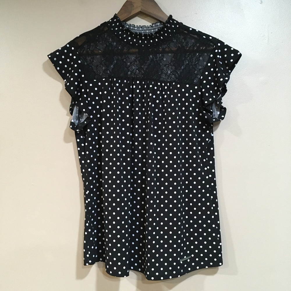 Adrienne Vittadini Lace Polka Dot Blouse Womens M Black White Classic Retro Mod
